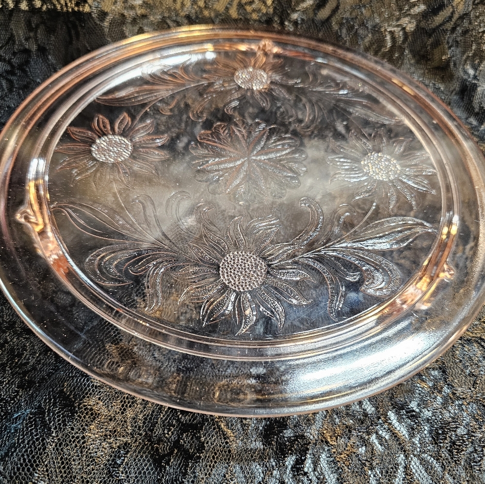 Jeannette Pink Glass Cake Servung Plate • Sunflower Pattern • Vintage • 1930s
